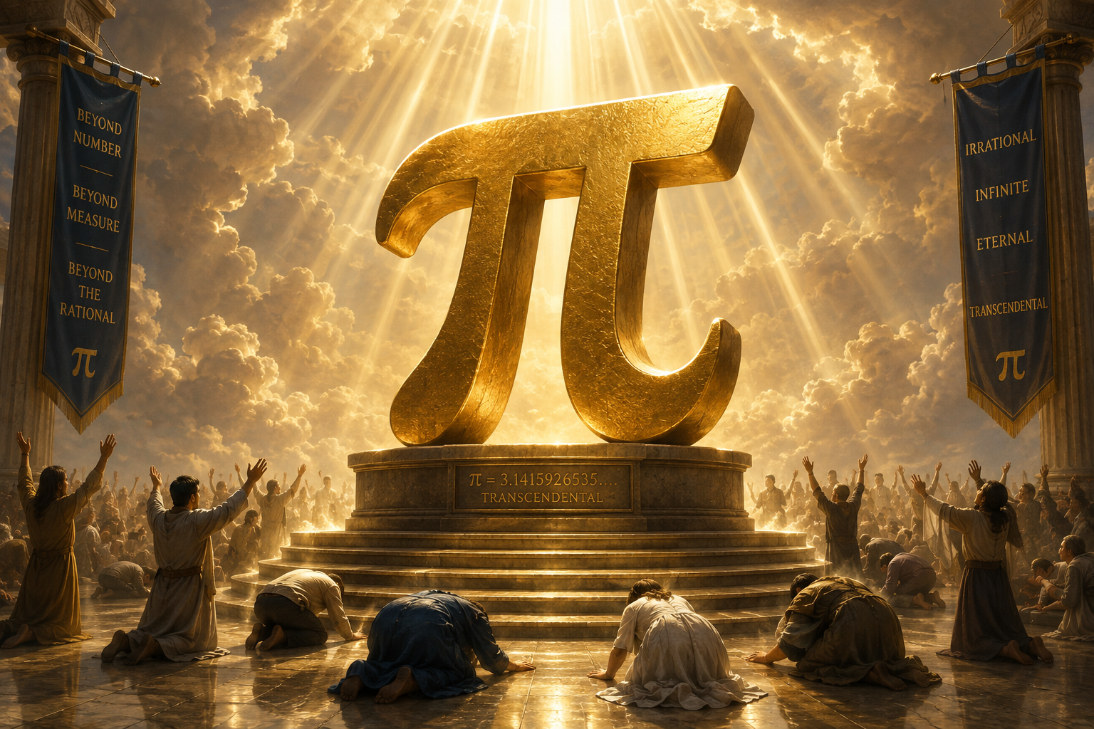 A crowd worshipping a giant golden π statue beneath banners reading 'beyond number, beyond measure, beyond the rational' and 'irrational, infinite, eternal, transcendental.'